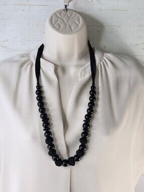 Black Chunky Beaded Ribbon Tie Edgy Bold Boho Chic Statement Necklace